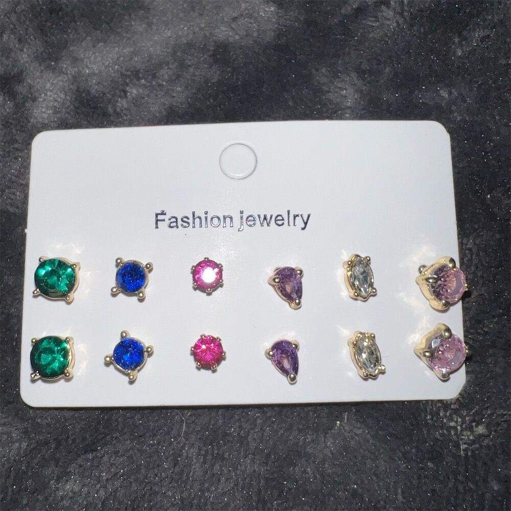 6Pairs Multicolor Rhinestone Stud Earrings Jewelry Set